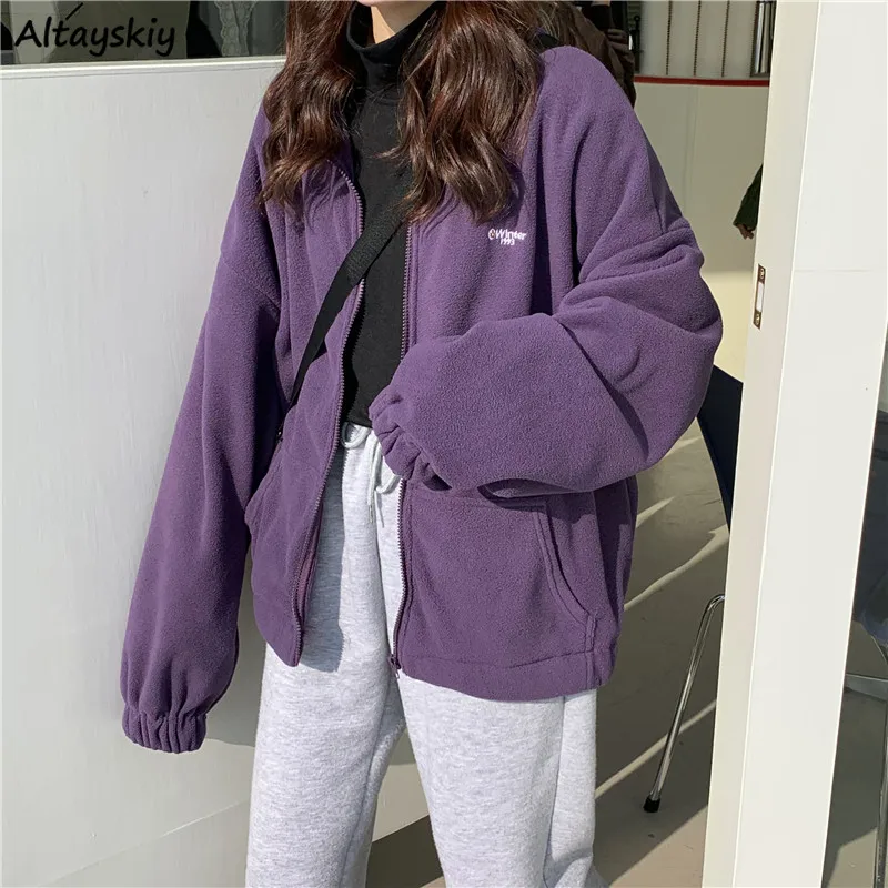

Zoulv Jackets Women Loose Plus Velvet Zip-up Pockets Letter Casual Oversize BF Ulzzang Harajuku Daily Streetwear Womens Trendy