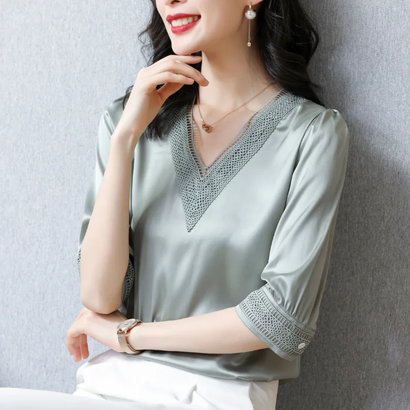 Korean Heavy Silk Women Blouses Shirts Woman Embroidered Satin Blouse