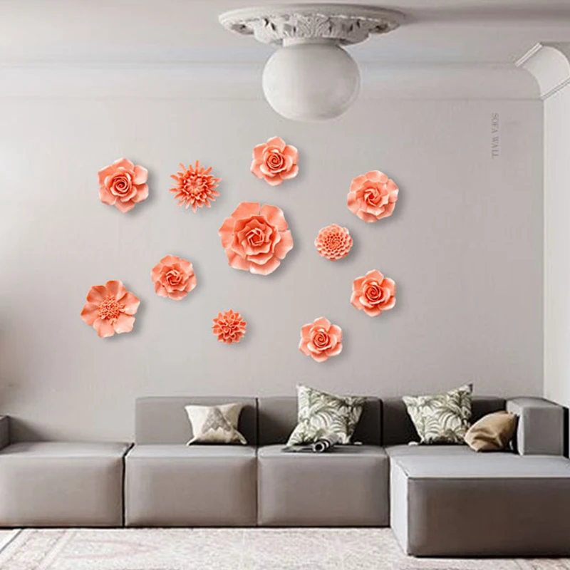 Chinese Orange Ceramic Peony Rose Flower Wall Hanging Home Livingroom Wall Sticker Decoration Cafe Store Lobby Mural Crafts