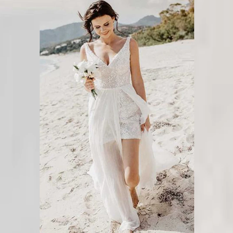 

Latest Arrival Beach Lace Bridal Wedding Dresses Backless Deep V Neckline Side Split Wedding Gowns for Bride Sleeveless On Sale