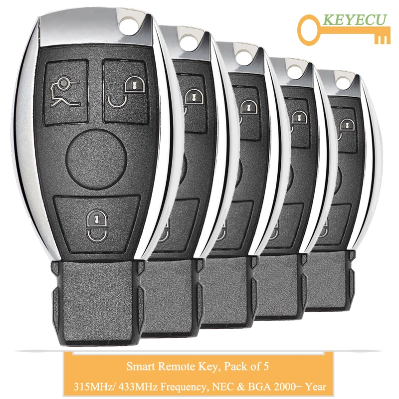 

KEYECU 5PCS Smart Remote Car Key for Mercedes-Benz Support NEC BGA 2000+ Year, 705 Moto 1997-2000, FOB 3 Button - 315MHz/ 433MHz