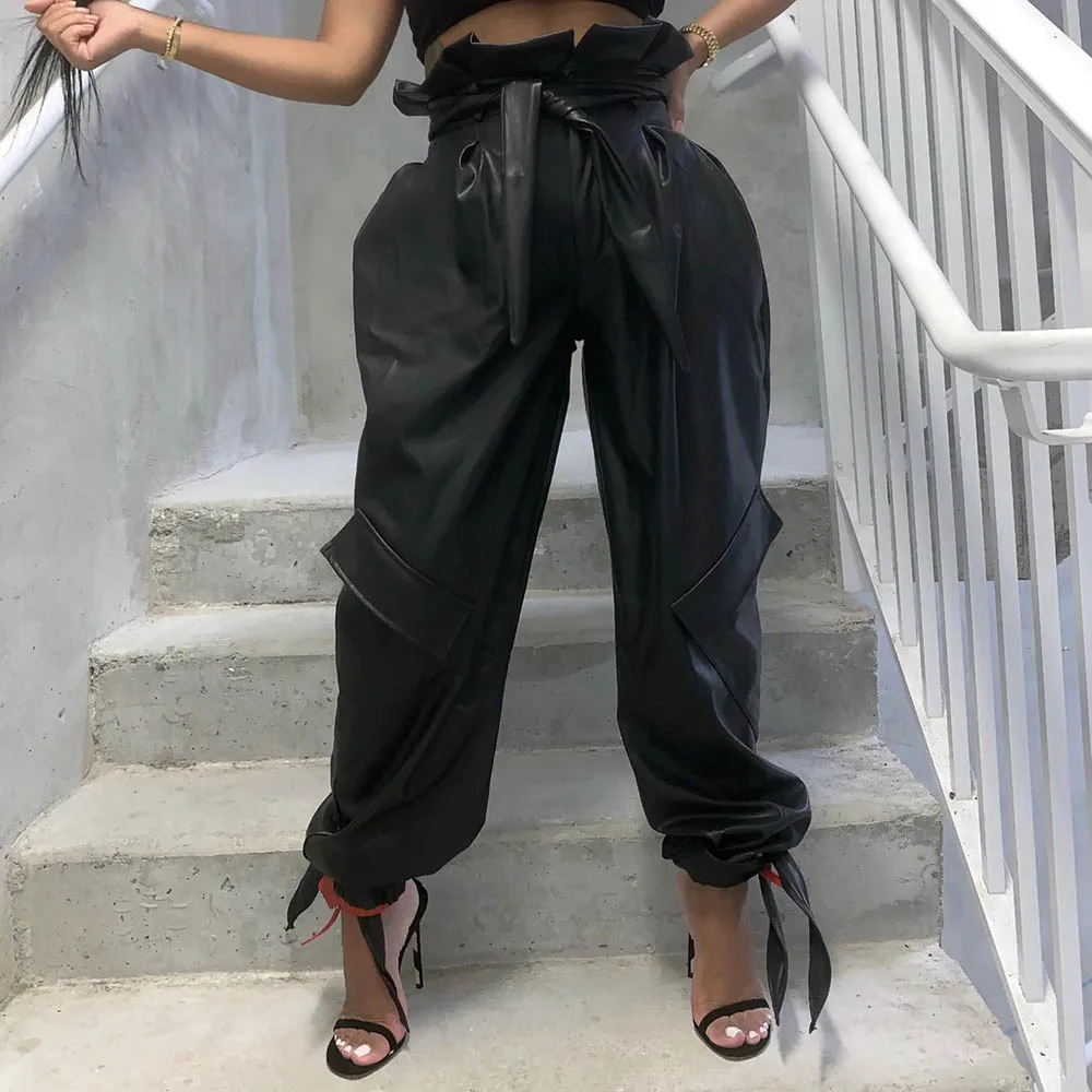 

Winter Pu Leather Pants African Women Fashion High Waist Pocket Casual Loose Trousers Female Streetwear Autumn Harem Cargo Pants