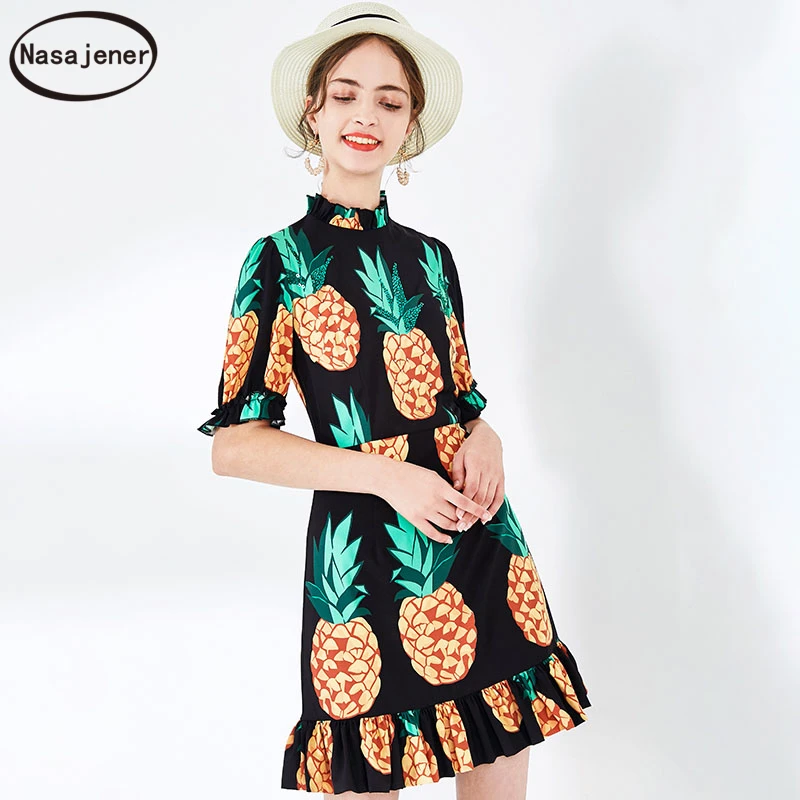 

Early Spring And Summer 2020 New Fashion Runway Elegant Nail Beaded Sequin Pineapple Print Ruffle Sleeve Back Zipper Women Dress