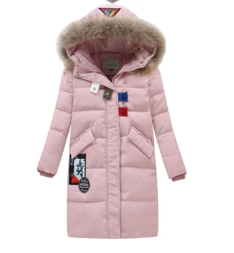 pink Для девочек зимние парки, пальто для детей зимняя куртка с меховым воротником детская зимняя куртка длинное зимнее пальто для мальчиков с капюшоном, Детская пуховая куртка - Цвет: pink