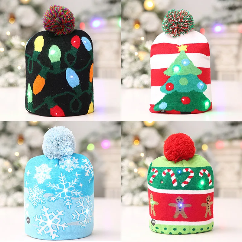 LED Knitted Christmas Hat Scarf for Adults and Children Beanie Light Up Illuminate Warm Hat New Year Christmas Decor with Ball