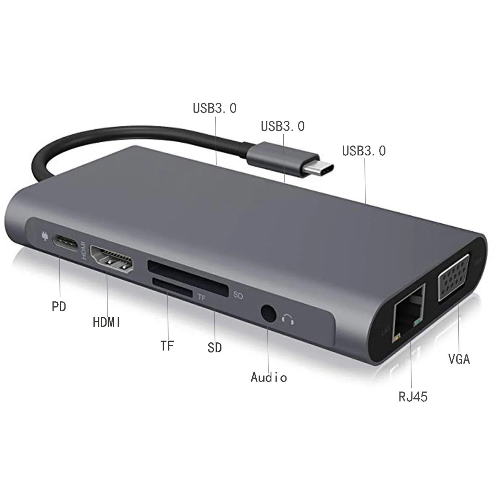 Áudio + Vga para Macbook 10 em 1 tipo c Compatível com Usb3.0 3 + Hdmi 4k + tf + sd + Rj45 + pd + Áudio Multif Docking Station Hdmi-adaptador * + Vga para Macbook Hub 4 High Quality Computador e Escritório
