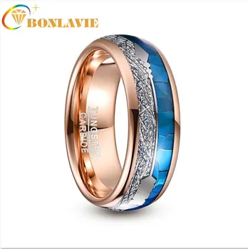 

8mm Wide Tungsten Carbide Ring Rose Gold Plating Inlaid Blue Shell Meteorite Arrow Dome Tungsten Steel Ring Wedding Men Jewelry