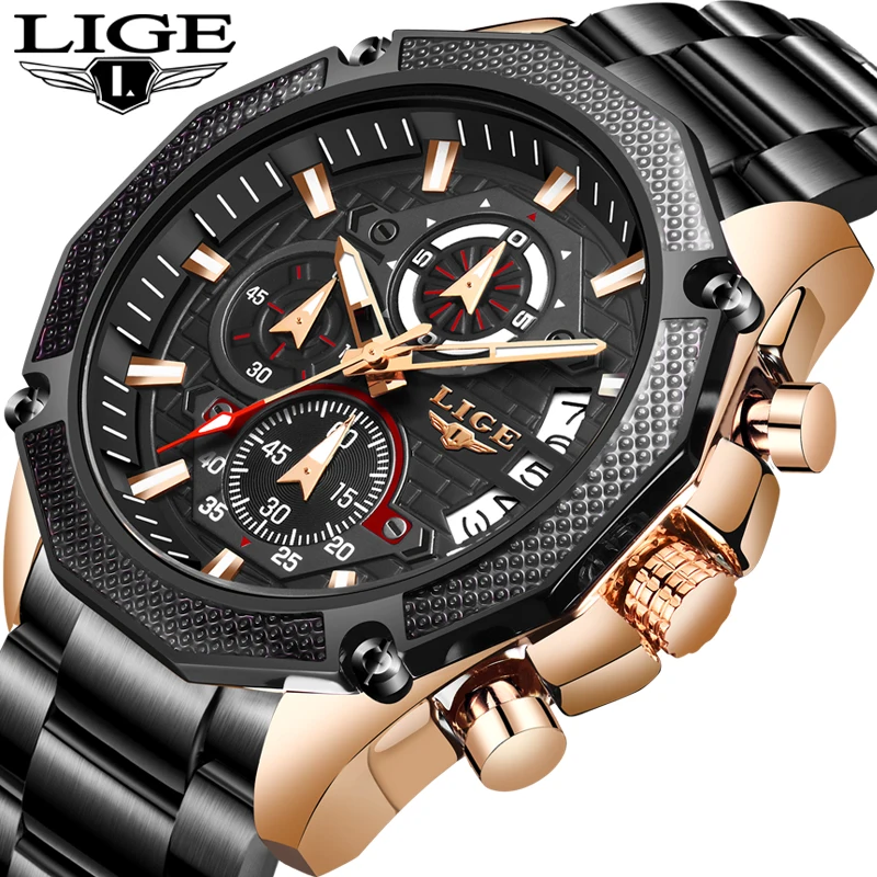 

LIGE New Sport Chronograph Mens Watches Top Brand Luxury Full Steel Quartz Clock Waterproof Big Dial Watch Men Relogio Masculino