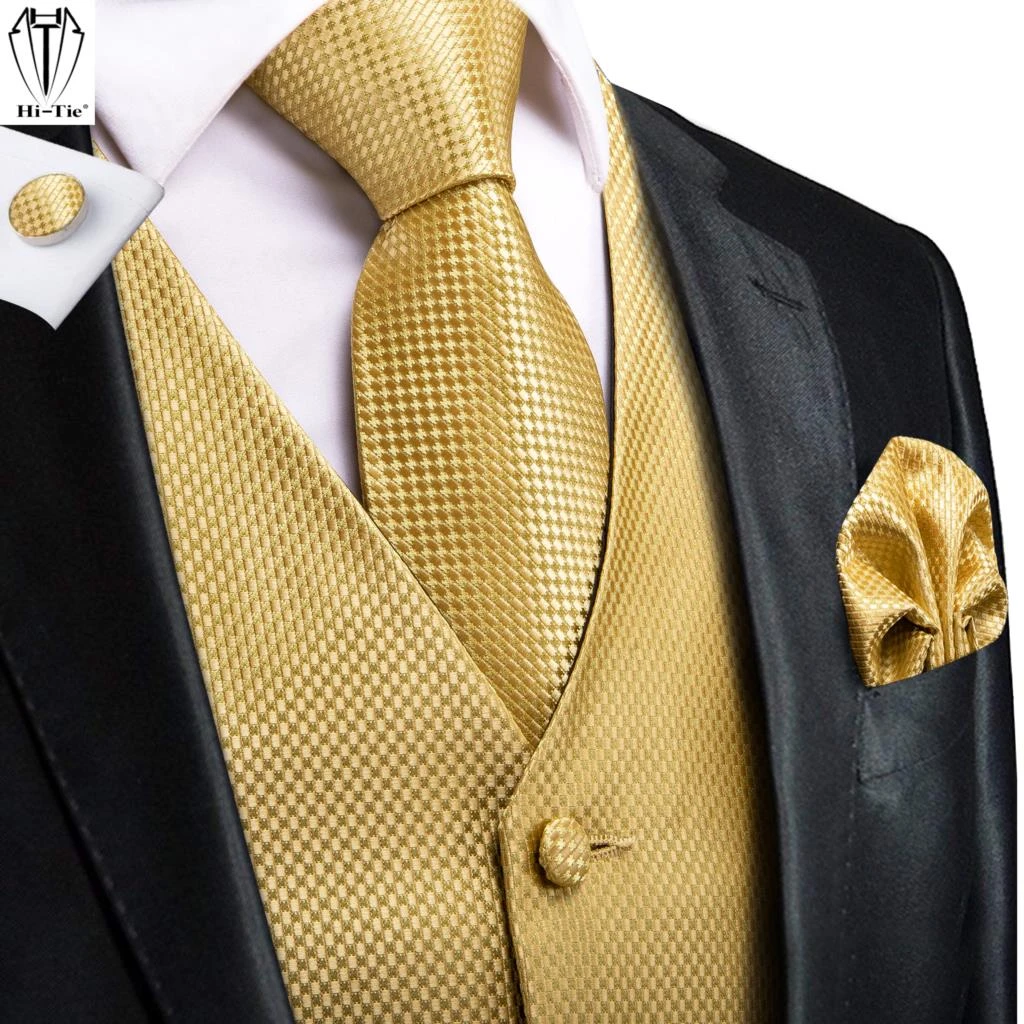 Hi-Tie Jacquard Silk Mens Suit Vests Gold Solid Plain 4PC Waistcoat Tie Hanky Cufflinks Set Business Wedding Dress Waist Jacket blazers