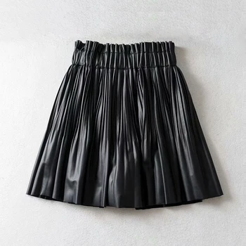 

European and American style black mini skirt Elastic waist with lined U leather pleated skirts