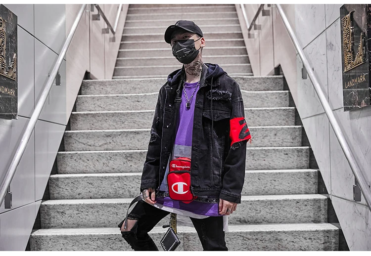 High Street Jeans Jacket Men Streetwear New Letter Printed Holes Ripped Denim Jacket Men Patchwork Hip Hop Jeans Jacket Men