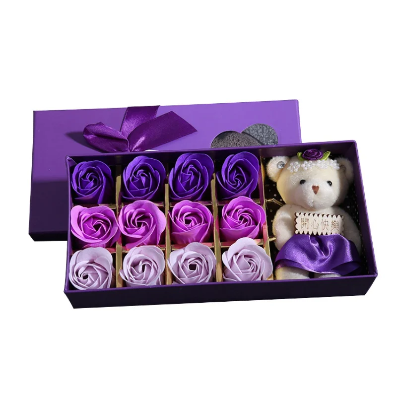 B Gradient Purple 12 шт./компл. мыло розы с подарочной коробкой и игрушечный медвежонок Для женщин тела ванны искусственный цветок мыло Свадебная вечеринка подарок на день Святого Валентина - Цвет: B Gradient Purple