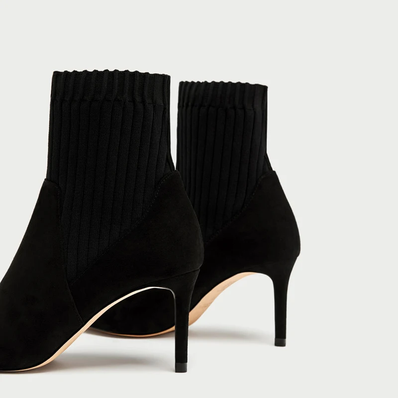 Г., черные женские носки без шнуровки ботильоны для женщин из эластичной ткани женские ботинки на высоком каблуке с острым носком зимняя женская обувь