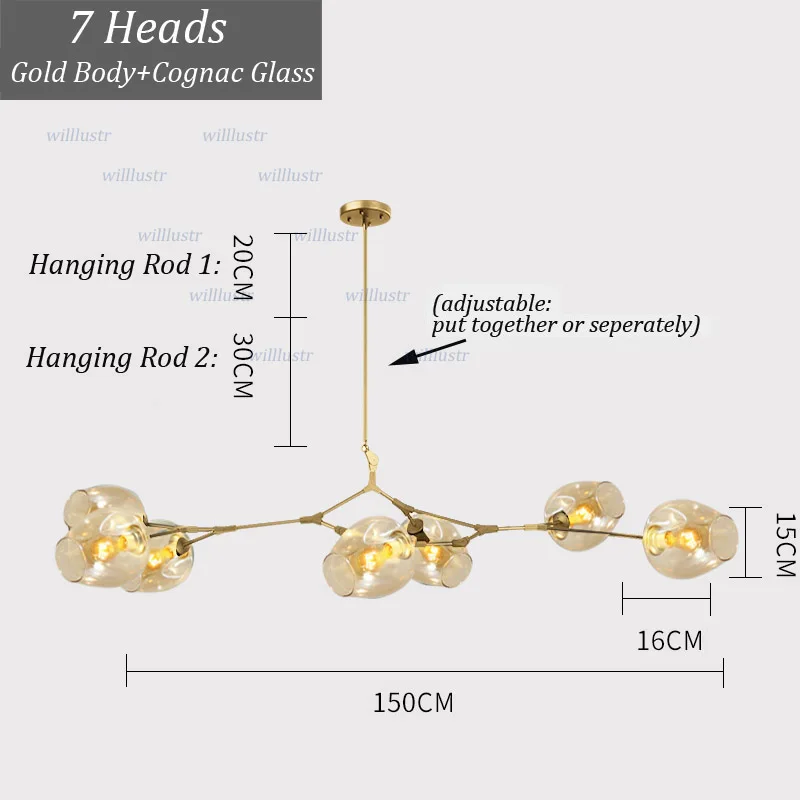 7 Heads Gold-Cognac Творческий Стекло подвесной светильник утюг с регулируемой Форма отель Холл кафе Mall Lounge Обеденная Спальня Nordic Висячие Подвеска Свет - Цвет корпуса: 7 Heads Gold-Cognac