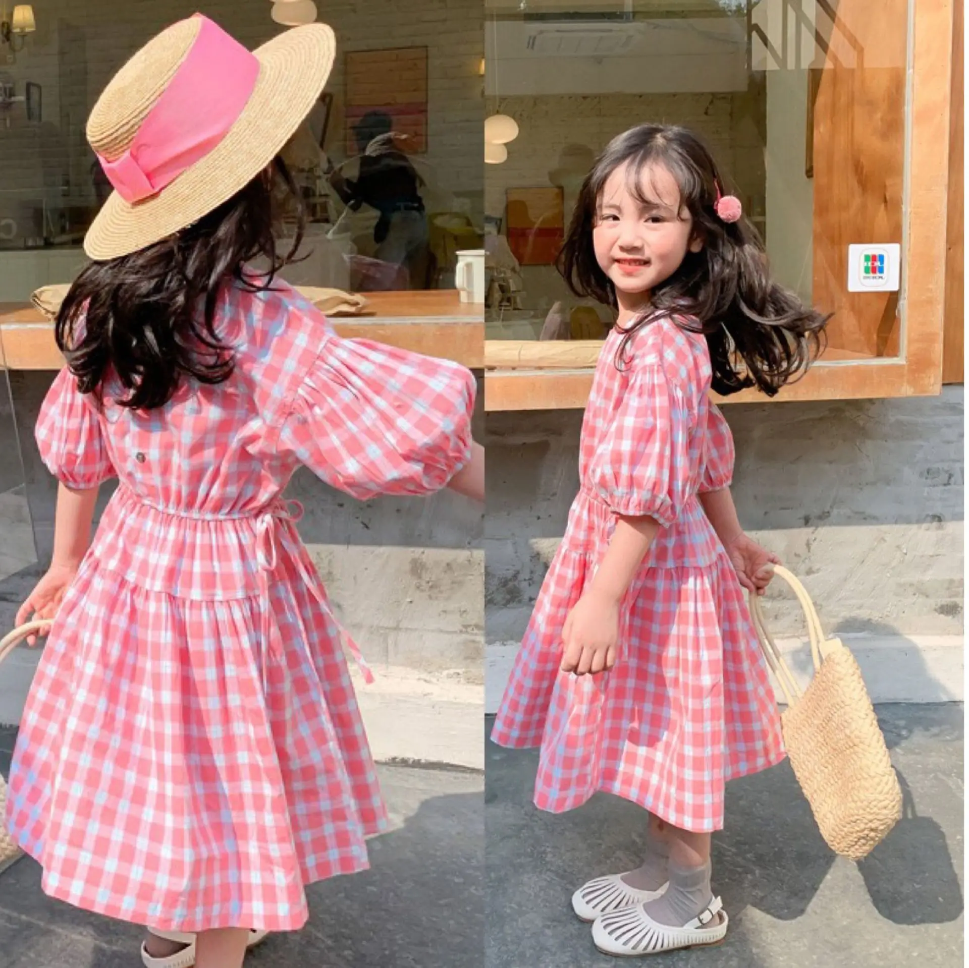 Pudcoco 3 8 Years Kid S Girl Check Pattern One Piece Dress Round Neck Medium Length Sleeves Waist Tight Shank Long Dress Pink Dresses Aliexpress