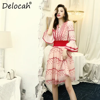 

Delocah Runway Fashion Summer Mesh Dress Women's Sexy Deep V-Neck Embroidery Elastic Waist Elegant Casual Holiday Midi Dresses
