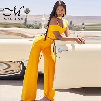 

Maketina Two Piece Bandage Set Fall 2019 Women Pant Sets Orange Sexy Panel Cropped Top and Flared Trousers Bodycon Bandage Sets