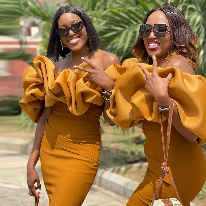 Mustard Yellow Mermaid Bridesmaids Dresses Ruffles Off Shoulder Wedding Guest Gowns Black Girl Maid Of the honor Dress Plus Size