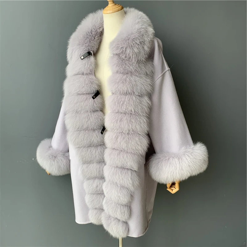 Женское кашемировое шерстяное пальто длинный стиль полный рукав воротник из натурального Лисьего меха пиджак с манжетами весна осень высокие модные шерстяные изделия для женщин пальто