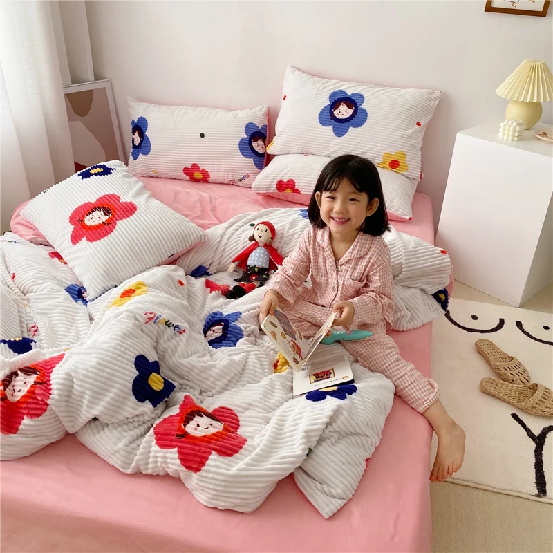 

Short Plush Denim Suede Fleece Milk Velvet Three-Piece Set Mink Cashmere Quilt Quilt Cover White Pink