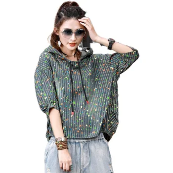 

Loose Half Sleeves Tops Printed Trend Pullovers Female 2020 Streetwear Fashion Hoodies For Women With Hat And Drawstring Z2