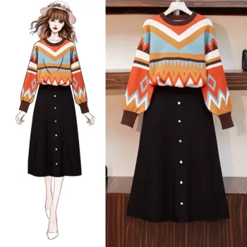 

Plus Size 3XL Women Knitted Sweaters 2 Piece Set Autumn Long Sleeve Jacquard Pullover Tops + Black Skirt Two Piece Set Knit Suit