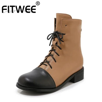 

FITWEE Plus Size 32-48 Ankle Boots For Women Casual Mixed Color Lace Up Fur Warm Winter Shoes Women Zipper Flats Footwear