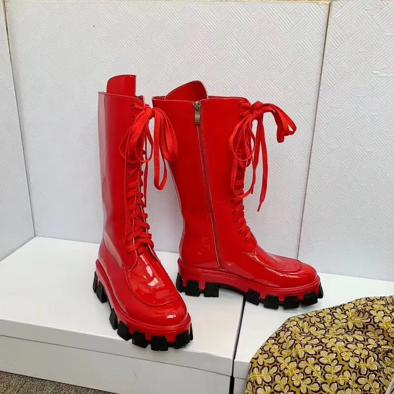 Buono Scarpe/женские ботинки средней высоты на толстой подошве; ботинки в жокейском стиле с перекрестной шнуровкой; Botas Fenimina; женские ботинки черного цвета на платформе в стиле панк
