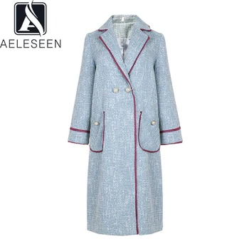 

AELESEEN 2020 New Fashion High Quality Woollen Windbreaker Women Luxury Pearl Button Double Breasted X-Long Coat With Pockets
