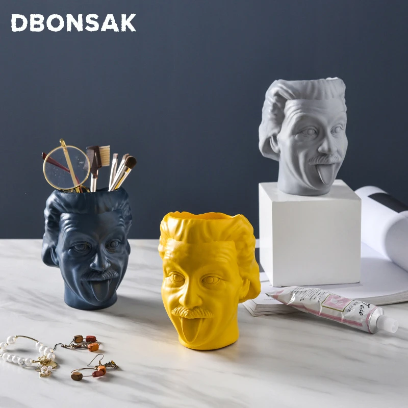 Einstein Avatar Vase Human Head Vase Portrait Flower Pot Pen Holder Storage Tank Flower Arrangement Scientist Statue Ornament