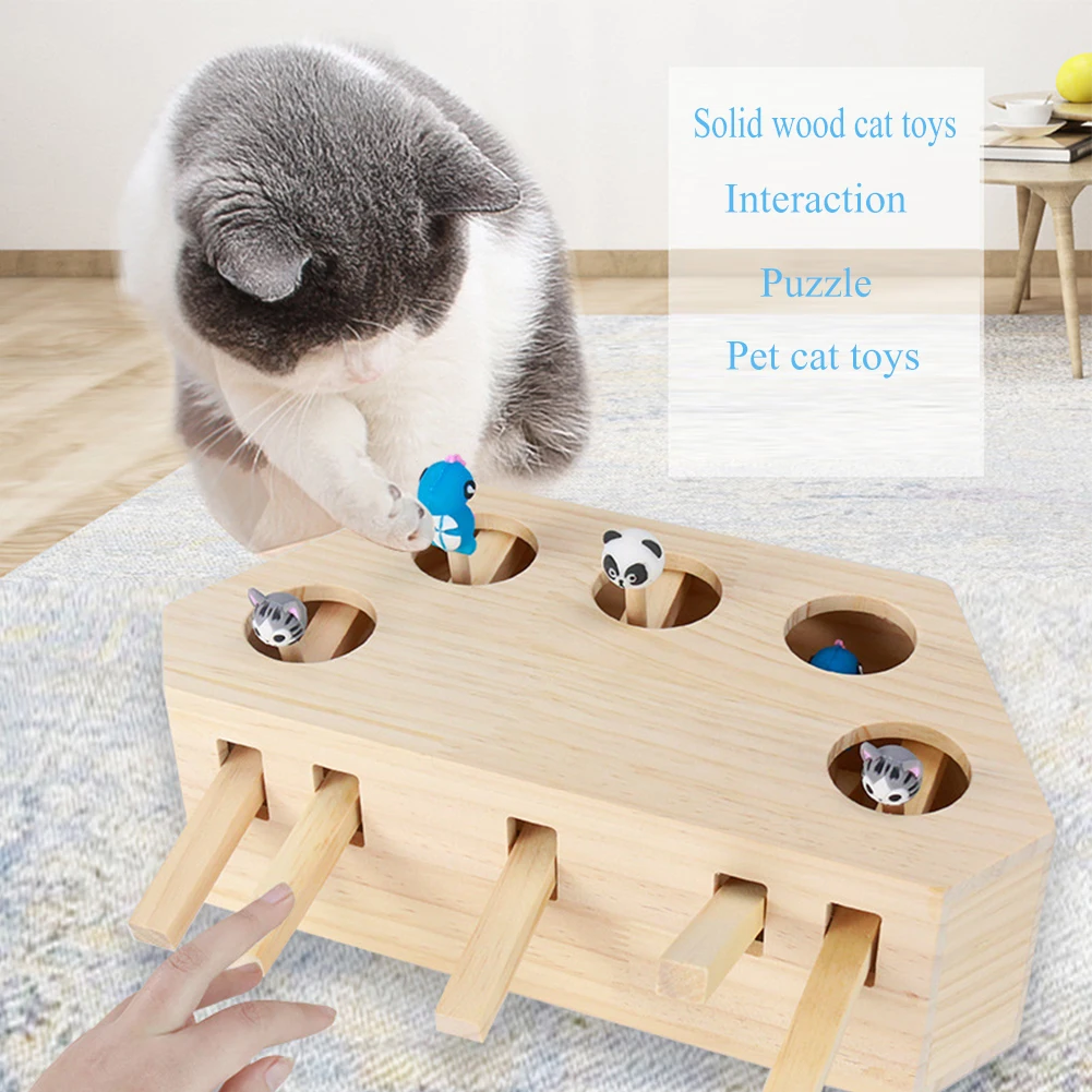 Tease Cat Chase Mouse Hunt Toy Wooden Maze Interactive Educational Pet Hit Hamster w/ 3/5-Holed Catch Bite Funny Training | Дом и сад