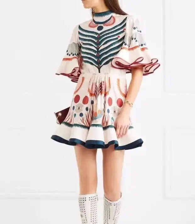 Ruffle Mini Dress Half Flare Sleeve Turtleneck Elasticated Print Vestido Slim Spring Summer Dresses For Women