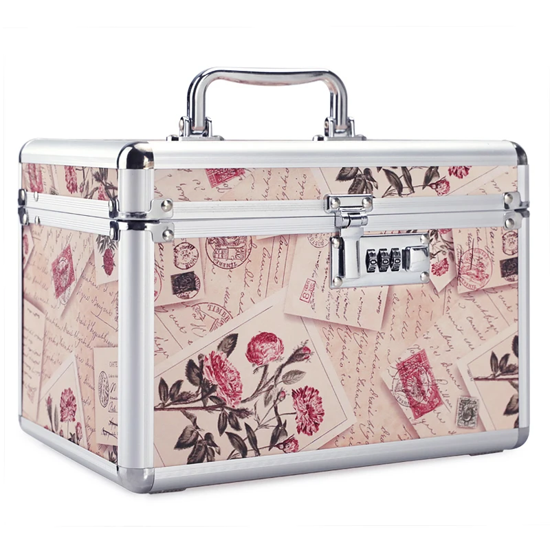 

With Lock Double Layer Cosmetic Bag Fashion Floral Travel Makeup Organizer Aluminium alloy Make Up Bags Large capacity Makeup Bag