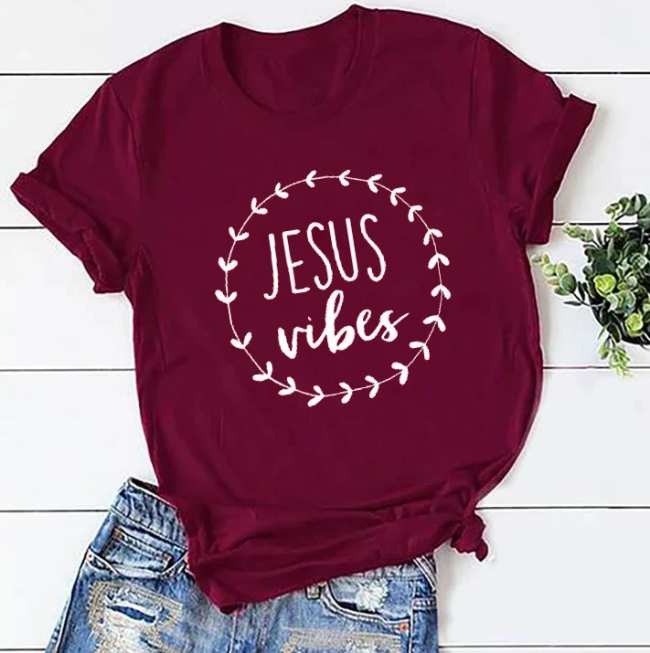 Женская футболка с надписью «Jesus Vibes», надписью «Faith Christian Jesus Bible», надписью «Sabbath pray», женская модная Эстетическая футболка с цитатой, винтажные футболки, топы - Цвет: Burgundy-white text