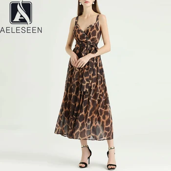 

AELESEEN Runway Fashion Summer Dress Women's Spaghetti Strap Sexy Leopard Print Bohemian Elegant Party V-Neck Belt Long Dress