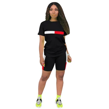 

Contrast Color Splicing Set Suit Large Size Short Sleeve Round Neck Shorts Casual Suit Biker Shorts Women's Matching Sets