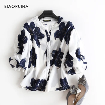 

BIAORUINA Women's Chiffon Navy Floral Print Single Breasted Shirt V-neck Three Quarter Lantern Sleeve Sweet Blouse Blusa