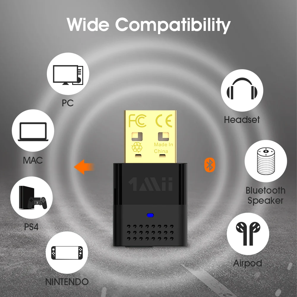 

1Mii USB Bluetooth Transmitter 5.0 for PC PS4 Game Console aptx LL HD Music Driver Free Wireless USB Bluetooth audio Adapter B10