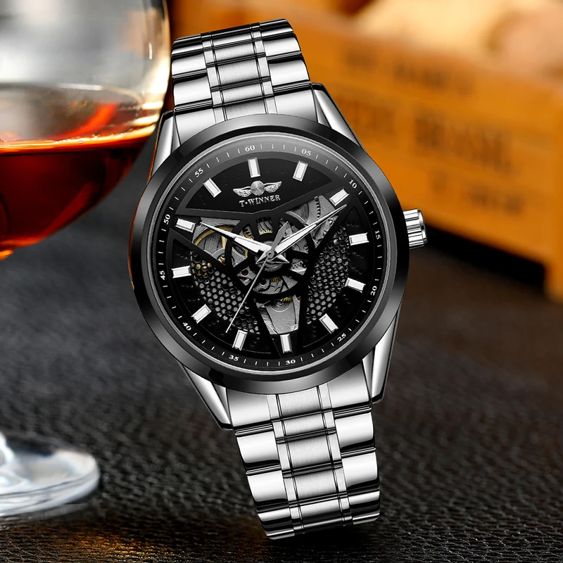T-WINNER Men Watch Top Brand Mens Luxury Automatic Mechanical Watches Fashion Stainless Steel Skeleton Self Winding Wrist Watch