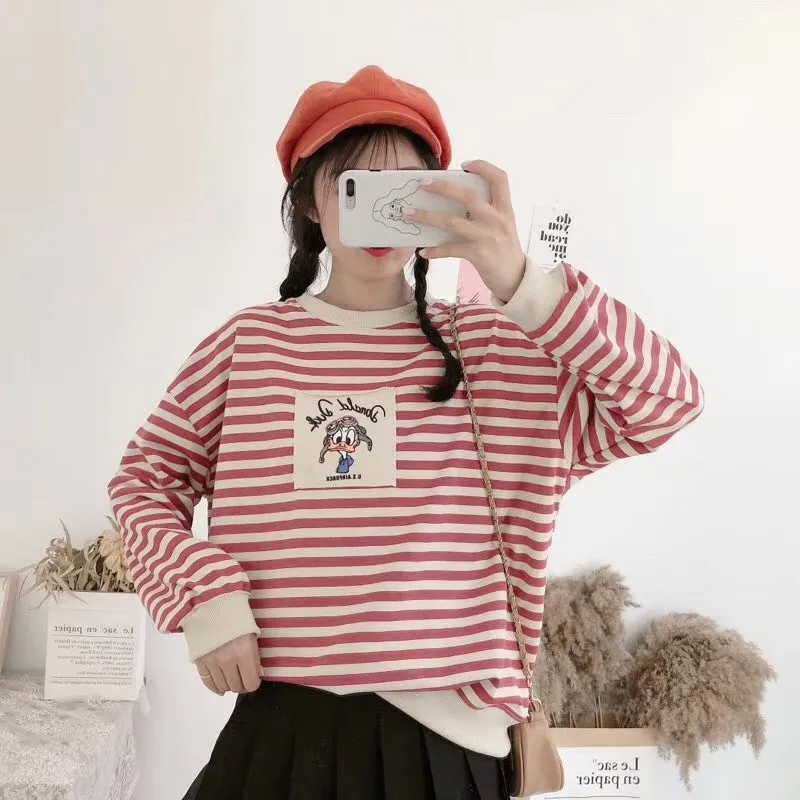 

Striped Women's Sweatshirt O-Neck 2019 Winter Long Sleeve Loose Korean Autumn Clothes Red Green Pullovers Casual Tops
