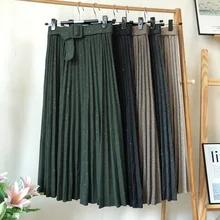 Новая женская модная однотонная плиссированная юбка средней длины с поясом faldas mujer, женские блестящие повседневные Обтягивающие юбки в стиле ретро 1030-56