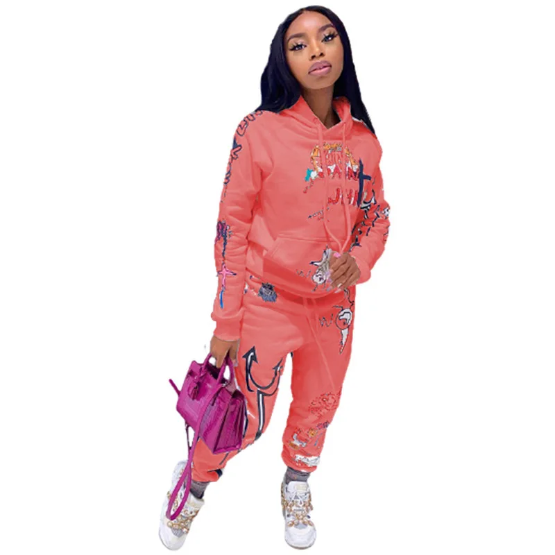 

Warm Fleece Thick Two Piece Set Autumn Fashion Print Hoodies Long Sleeve Hooded Sweatshirts with Pocket Pants Sport Tracksuit