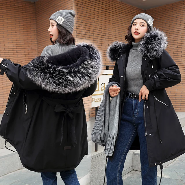 coat women winter large fur collar cotton-padded Sustans hooded jacket Parka Medium long Parka outwear casaco feminino