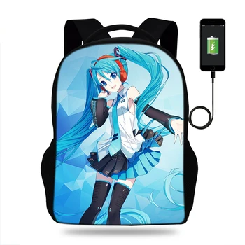 

High Quality Hatsune Miku Print Backpack Usb Charging Travel Rucksack Students Girls School Bag Teens Mochila