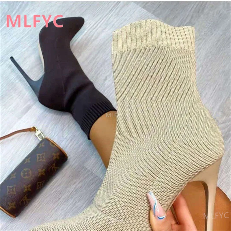 2021 Fall New Knitted Elastic Boots Pointed Toe Socks Mid-Tube Short Large Size Stiletto Super High Heel | Обувь