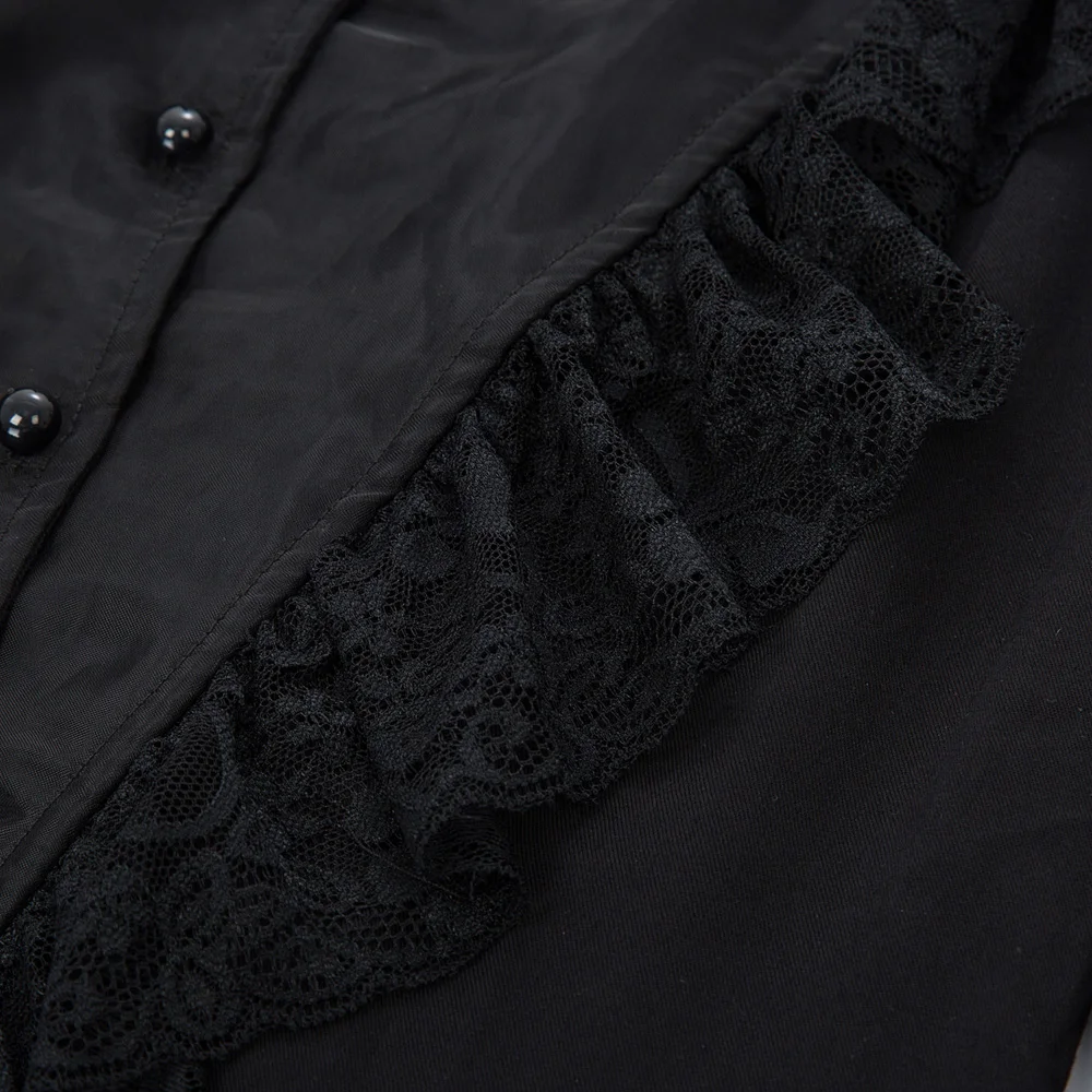 Koop Middeleeuwse shirt Vrouwen Ruches lace Shirt Tops Lange flare Mouw Stand Kraag lace up gothic retro elegante Steampunk blouse lady
