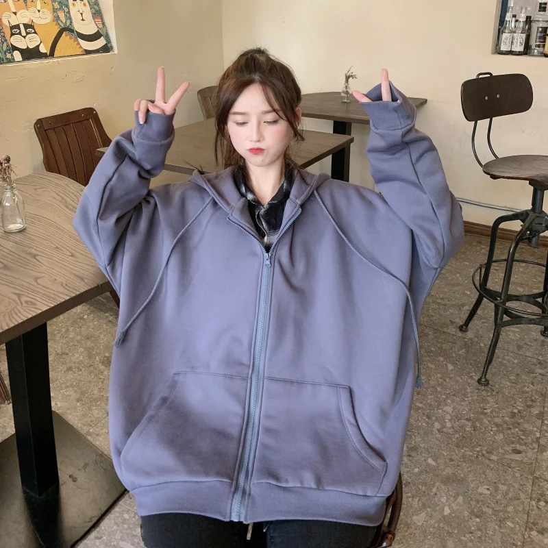 Zip-up Hoodie Women Korean Style Hoodies Vintage Blue Long Sleeve Oversized  Hooded Sweatshirt Lady Women Casual Jogging Femme - AliExpress
