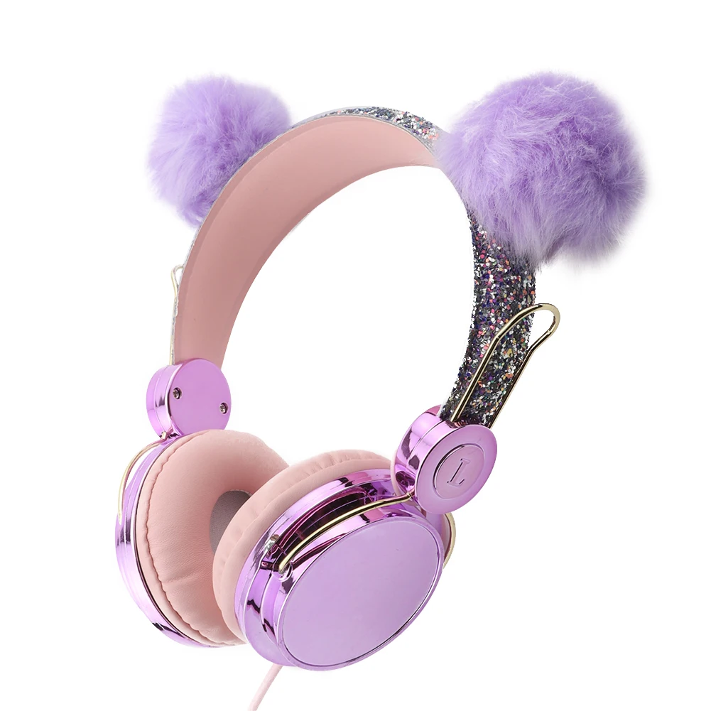 Headphones Computer Volume Limiting Cute Glitter Birthday Gift Kids Built In MIC School Cartoon Wired Music Plushy