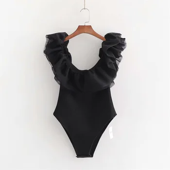 

2020 Spring Women's New Style Shoulder Short Sleeve Sexy Tube Top Feather Tulle Laminate Decorative Knit Bodysuit