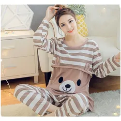 2Pcs/Set Cotton Breastfeeding Maternity Pajamas Sets Pregnacy Women Clothing Sleepwear Long Sleeve Top +Pants Nursing Nightgown